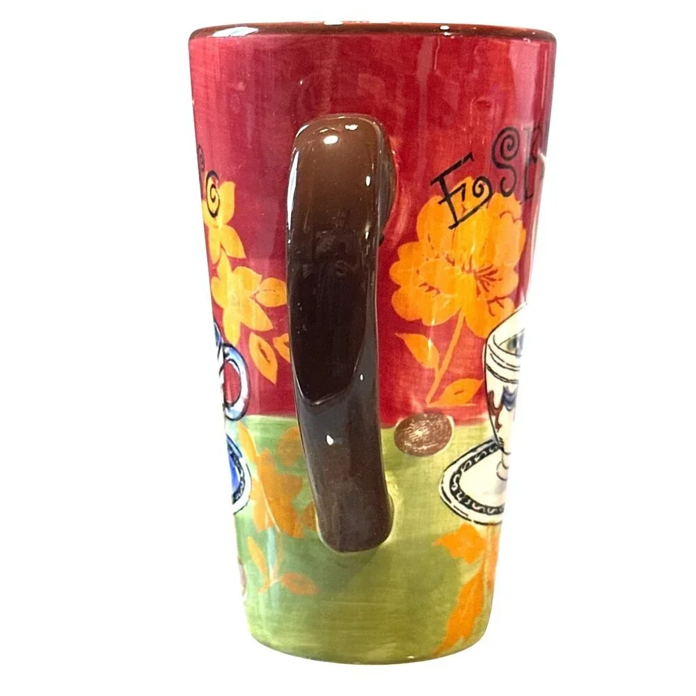 Espresso Hand Painted Floral Cafe Art Tumbler Mug Warm Cottage Kitchen Decor Red - Picture 4 of 10